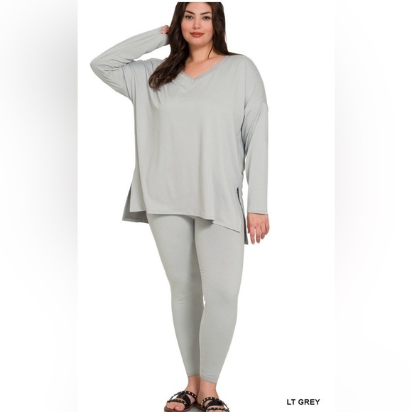 New! Plus Size LT Grey Long Sleeve Top and Leggings Set Size 1X 2X 3X - Picture 1 of 4